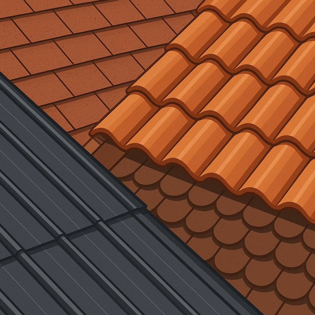 Abstract illustration of roofing materials including tiles and metal panels
